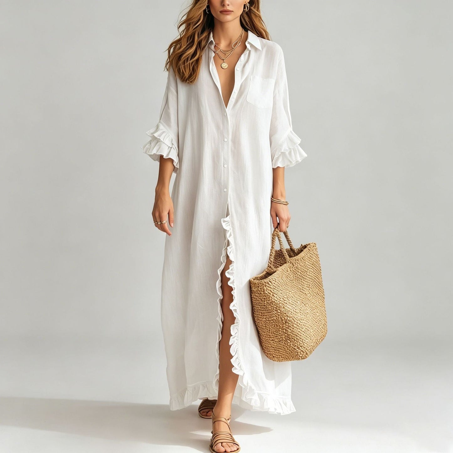 Linen Ruffle Trim 3/4 Sleeve Shirt Maxi Dress