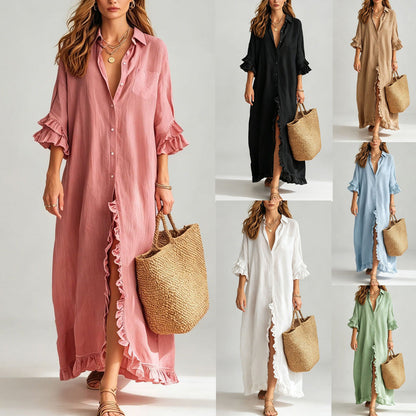 Linen Ruffle Trim 3/4 Sleeve Shirt Maxi Dress