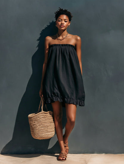 Linen Strapless Ruffle Trim Loose Tent Mini Dress