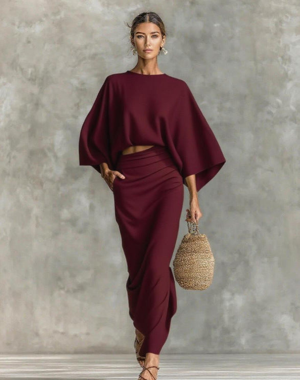 Natural Linen Batwing Crop Top Wrap Ruched Midi Skirt Two Piece Set