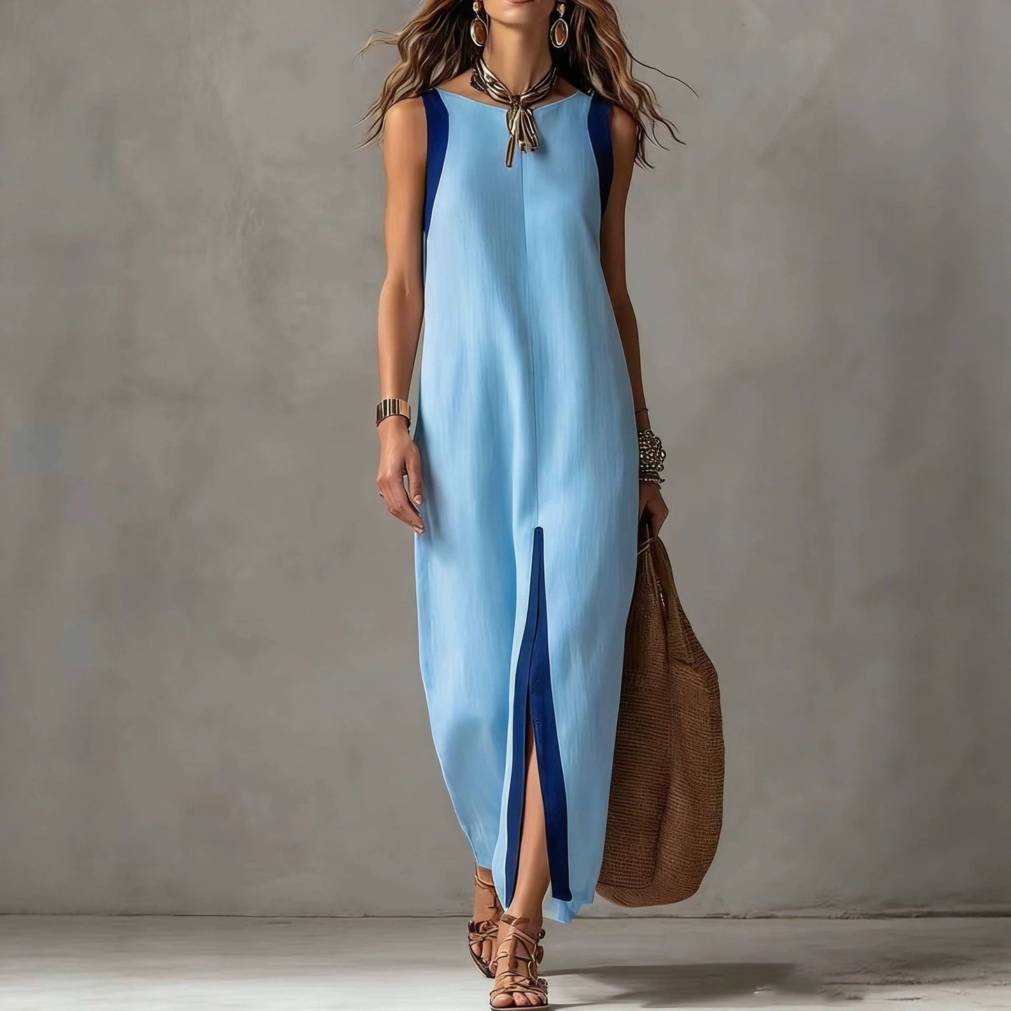 Two-Tone Color Block Sleeveless Straight Midi Dress