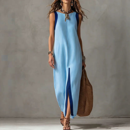 Two-Tone Color Block Sleeveless Straight Midi Dress