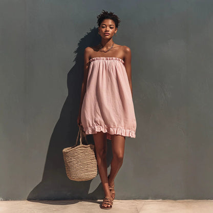 Linen Strapless Ruffle Trim Loose Tent Mini Dress
