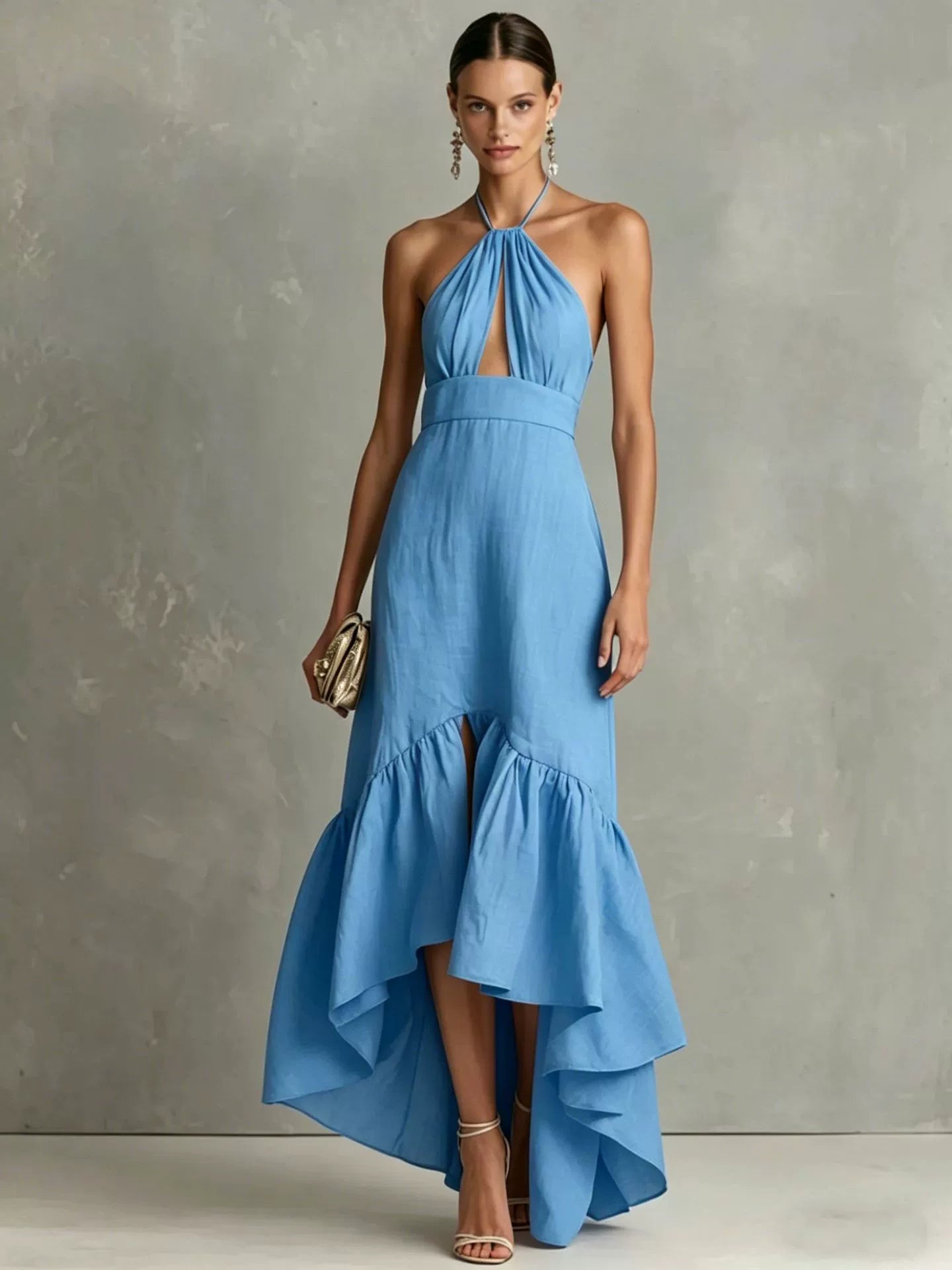 Textured Halter Keyhole High Low Ruffle Maxi Dress