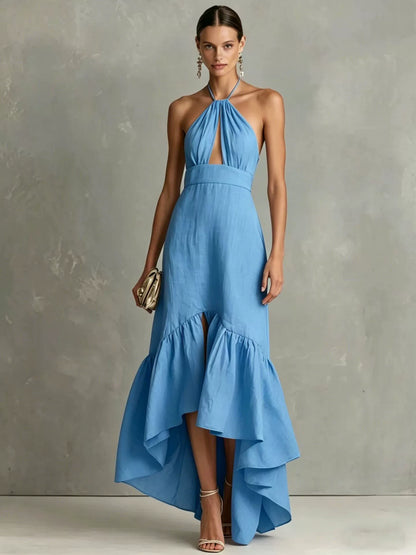 Textured Halter Keyhole High Low Ruffle Maxi Dress