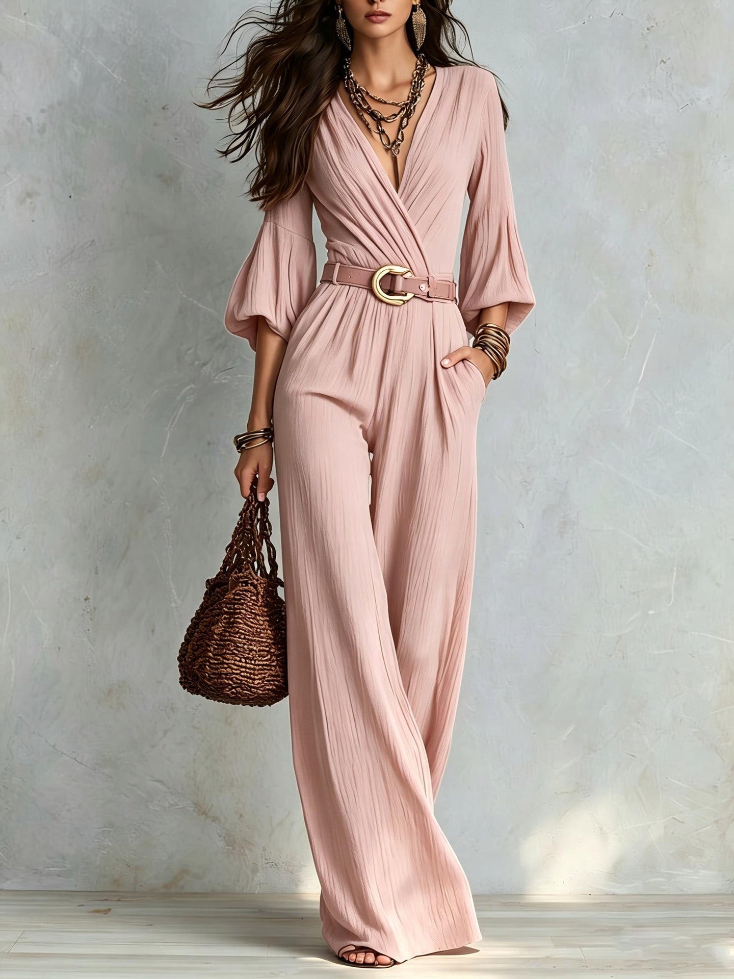 Crinkle Wrap V Neck Balloon Sleeve Belted Wide Leg Jumpsuit