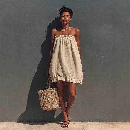 Linen Strapless Ruffle Trim Loose Tent Mini Dress
