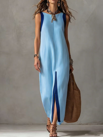 Two-Tone Color Block Sleeveless Straight Midi Dress