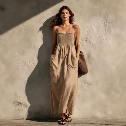 Smocked Square Neck Spaghetti Strap Pocket Linen Blend Maxi Dress