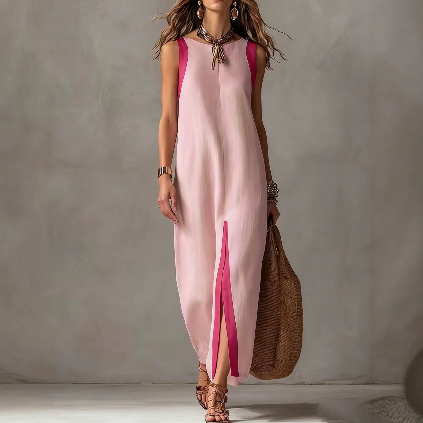 Two-Tone Color Block Sleeveless Straight Midi Dress