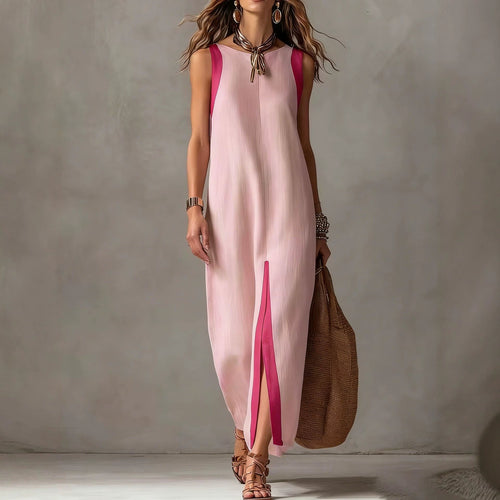 Two-Tone Color Block Sleeveless Straight Midi Dress