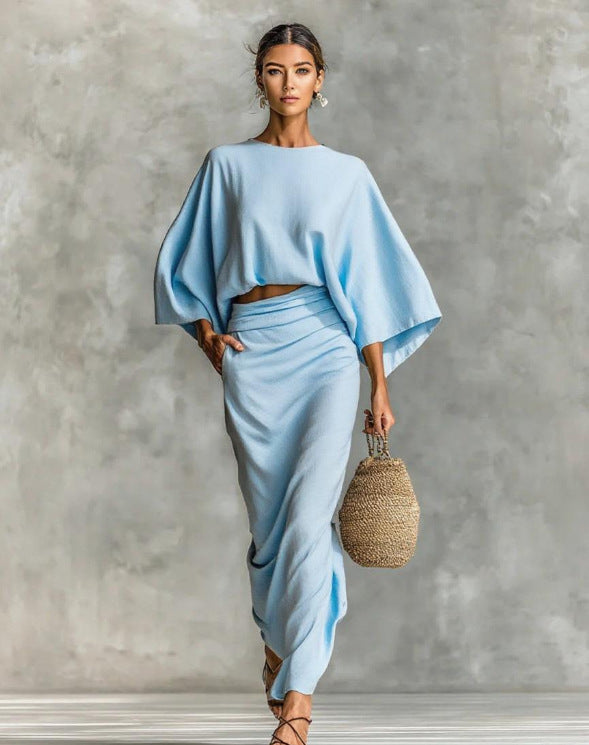 Natural Linen Batwing Crop Top Wrap Ruched Midi Skirt Two Piece Set