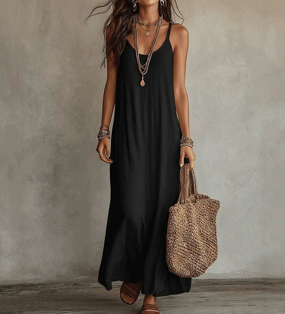 Textured Linen Spaghetti Strap Loose Maxi Tent Dress