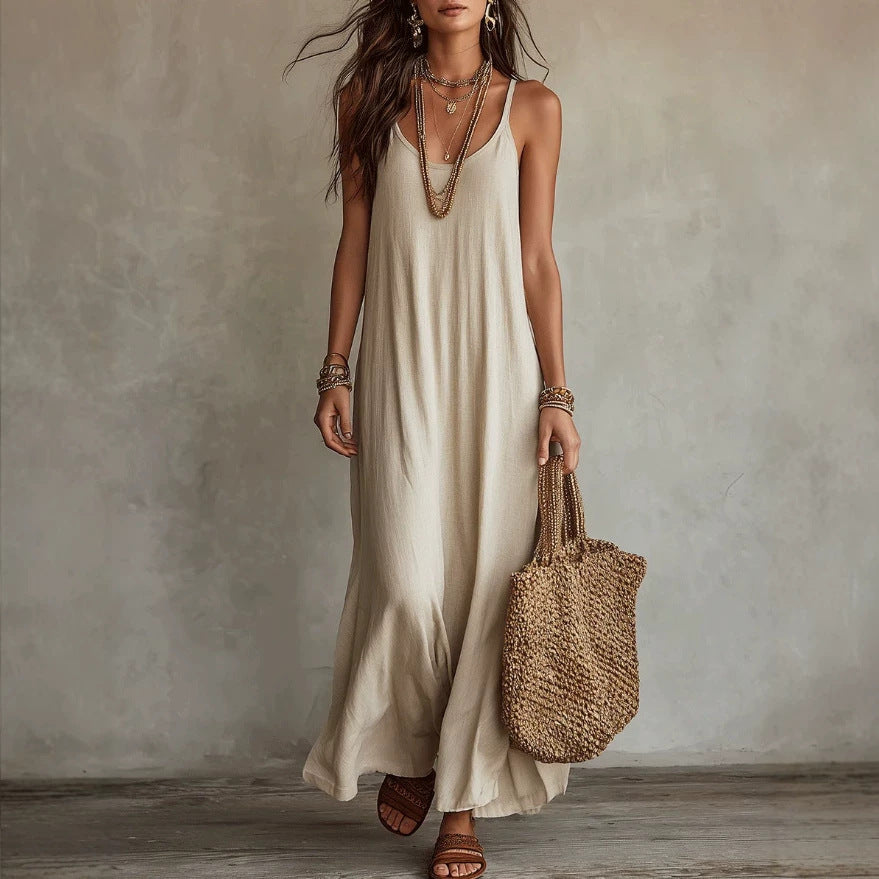 Textured Linen Spaghetti Strap Loose Maxi Tent Dress