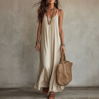 Textured Linen Spaghetti Strap Loose Maxi Tent Dress