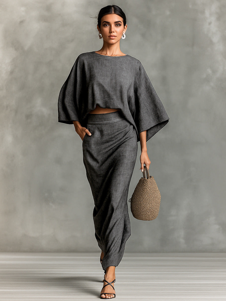 Natural Linen Batwing Crop Top Wrap Ruched Midi Skirt Two Piece Set