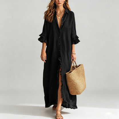Linen Ruffle Trim 3/4 Sleeve Shirt Maxi Dress