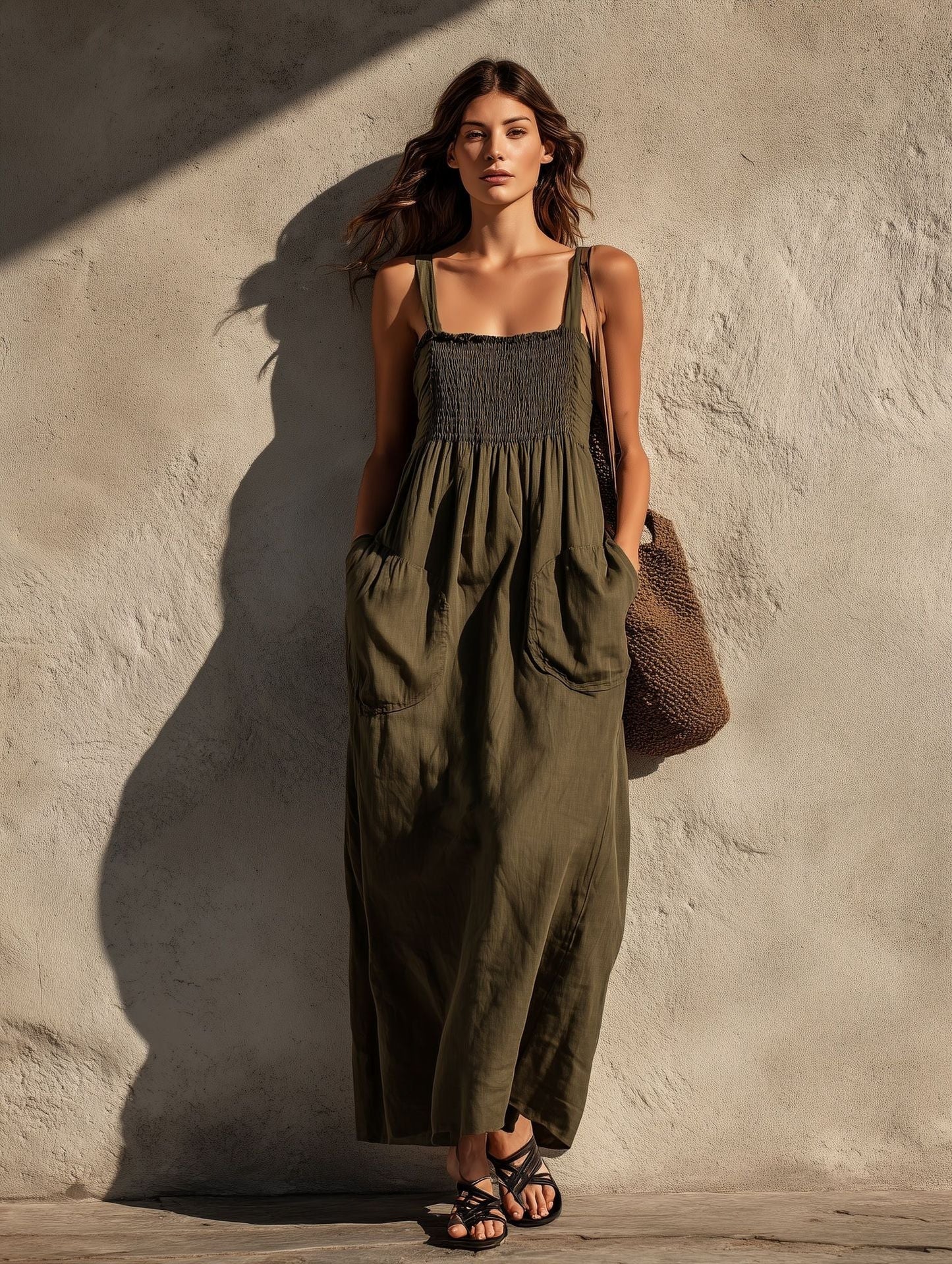 Smocked Square Neck Spaghetti Strap Pocket Linen Blend Maxi Dress