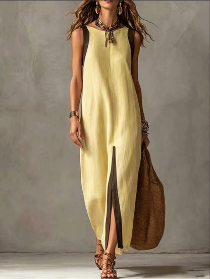 Two-Tone Color Block Sleeveless Straight Midi Dress