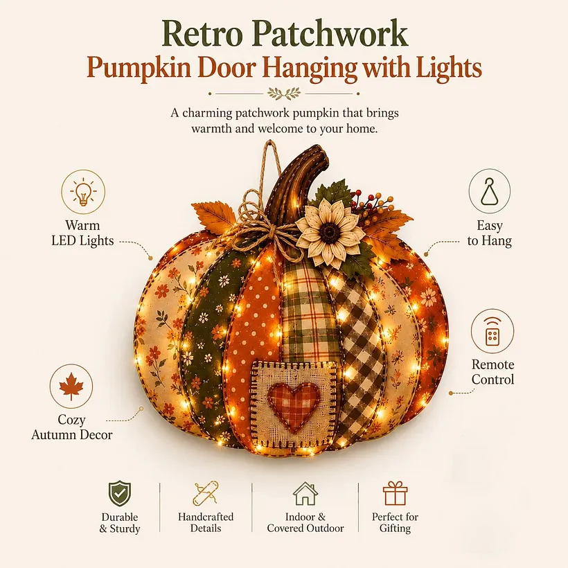 🍂🎃Autumn Retro Patchwork Pumpkin Door Hanging with Lights