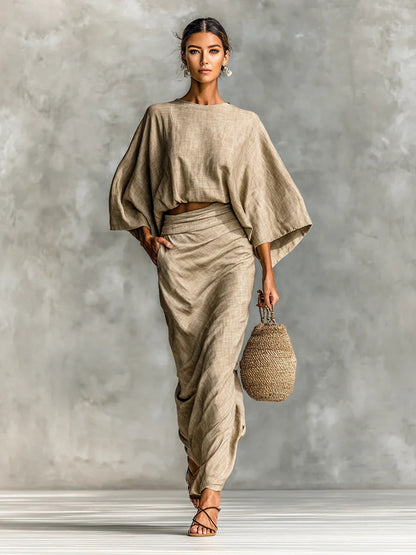 Natural Linen Batwing Crop Top Wrap Ruched Midi Skirt Two Piece Set
