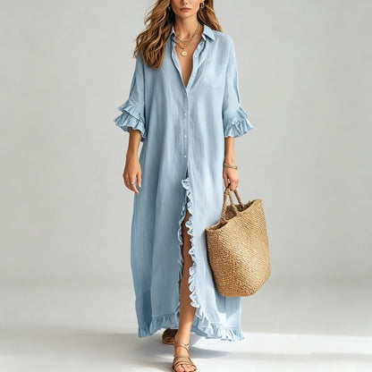 Linen Ruffle Trim 3/4 Sleeve Shirt Maxi Dress