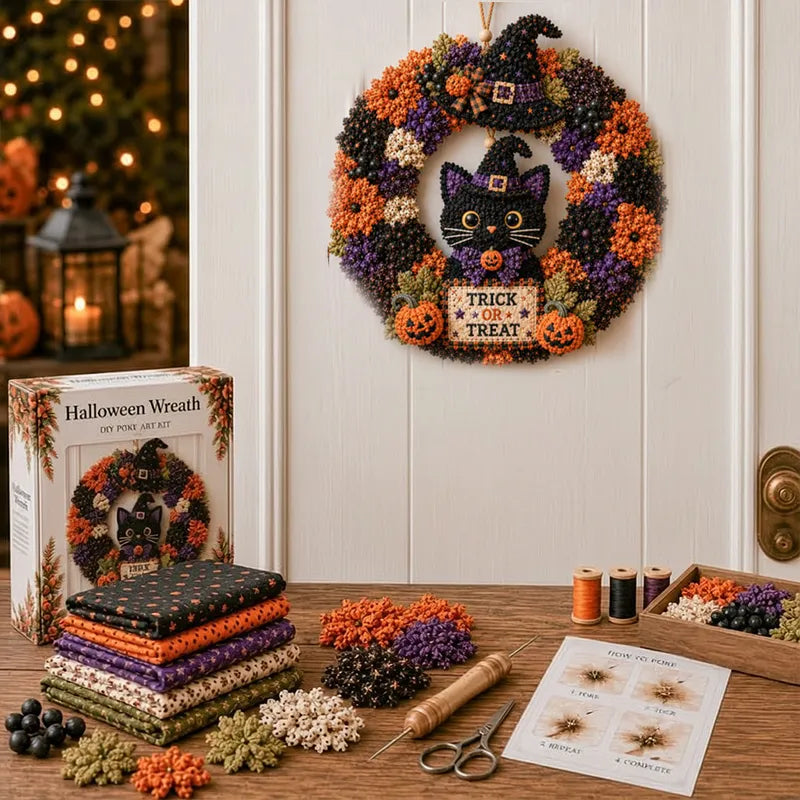 🎃 Halloween Black Cat 3D Fabric Poke Wreath DIY Kit