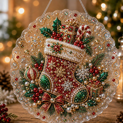 🎄 LAST DAY 49% OFF – ✨ Christmas Pearl Diamond Art Hanging Ornament Kit | Luxury Flocked Canvas with Scratch-Resistant Non-Fading Pearl Beads DIY Handmade Holiday Hanging Decor 🎅💎