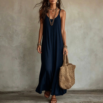 Textured Linen Spaghetti Strap Loose Maxi Tent Dress