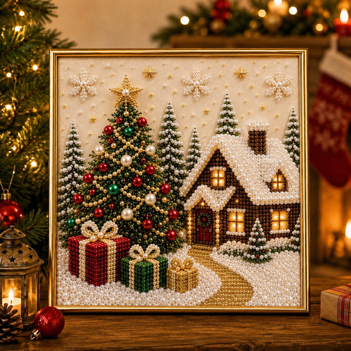 🎄🎅 Premium 3D Pearl Christmas Wall Art Kit | Luxury Flocked Canvas with Scratch-Resistant Non-Fading Pearl Beads DIY Holiday Decor ⛄️❄️