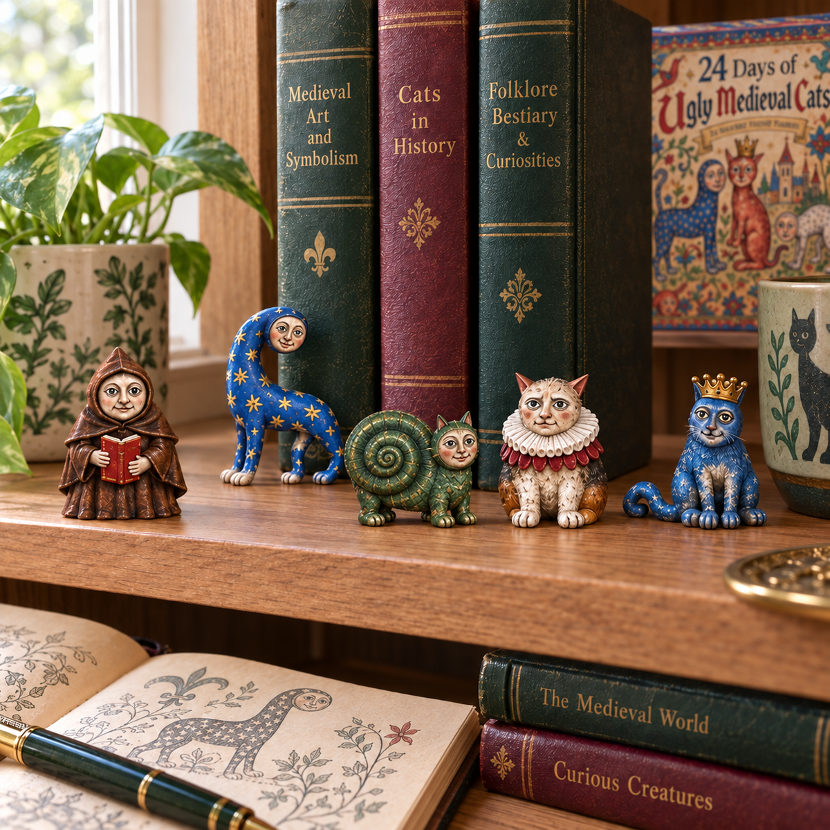 Medieval cat figurines displayed together on a bookshelf