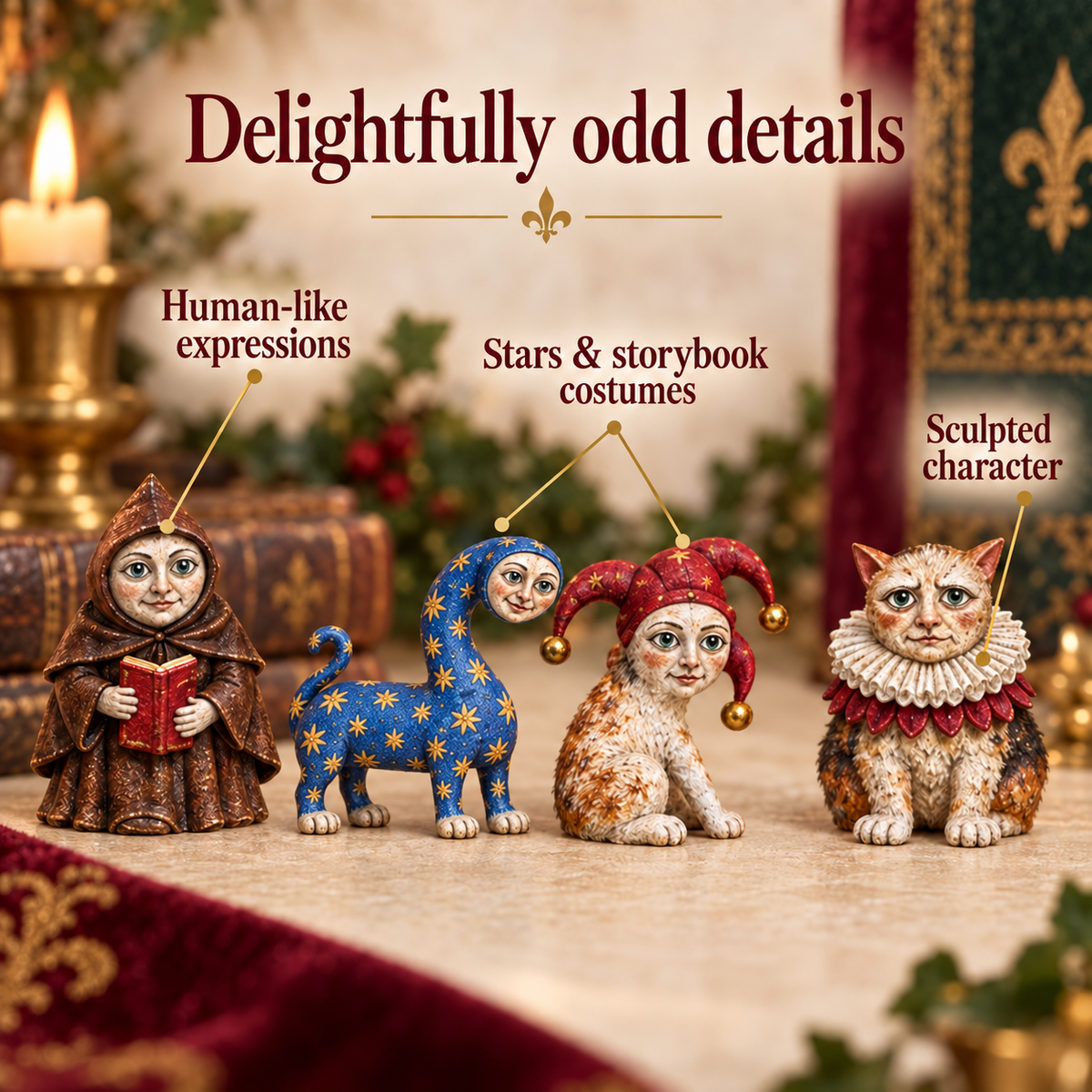 Close-up of medieval-inspired cat figurines with distinctive faces and costumes