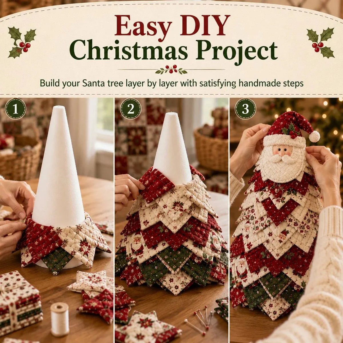 🎄DIY Quilted Santa Christmas Tree Kit – Handmade Fabric Holiday Tabletop Tree Decor