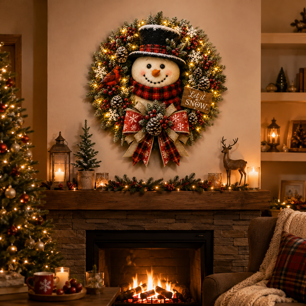 ✨⛄ Snowman Lighted Christmas Wreath™ – Festive Holiday Door Decor
