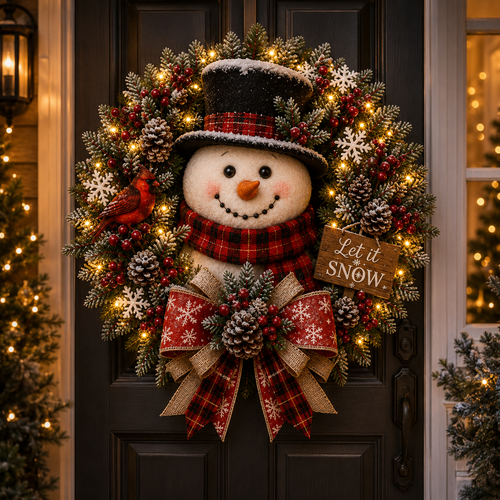 ✨⛄ Snowman Lighted Christmas Wreath™ – Festive Holiday Door Decor