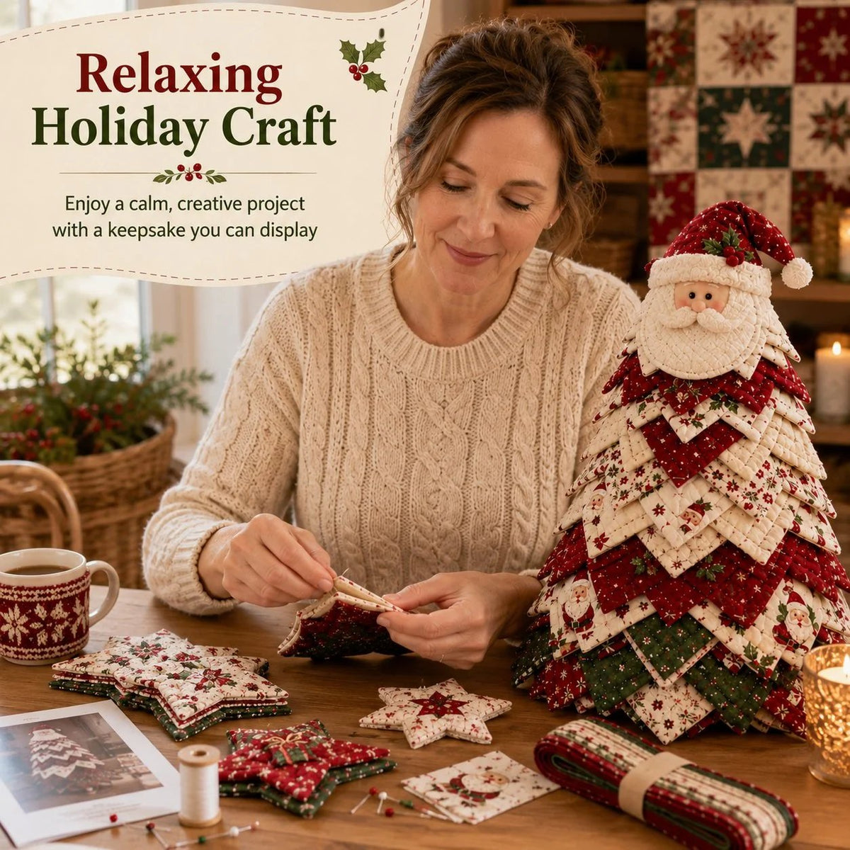 🎄DIY Quilted Santa Christmas Tree Kit – Handmade Fabric Holiday Tabletop Tree Decor