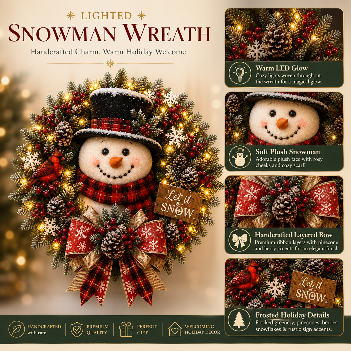 ✨⛄ Snowman Lighted Christmas Wreath™ – Festive Holiday Door Decor