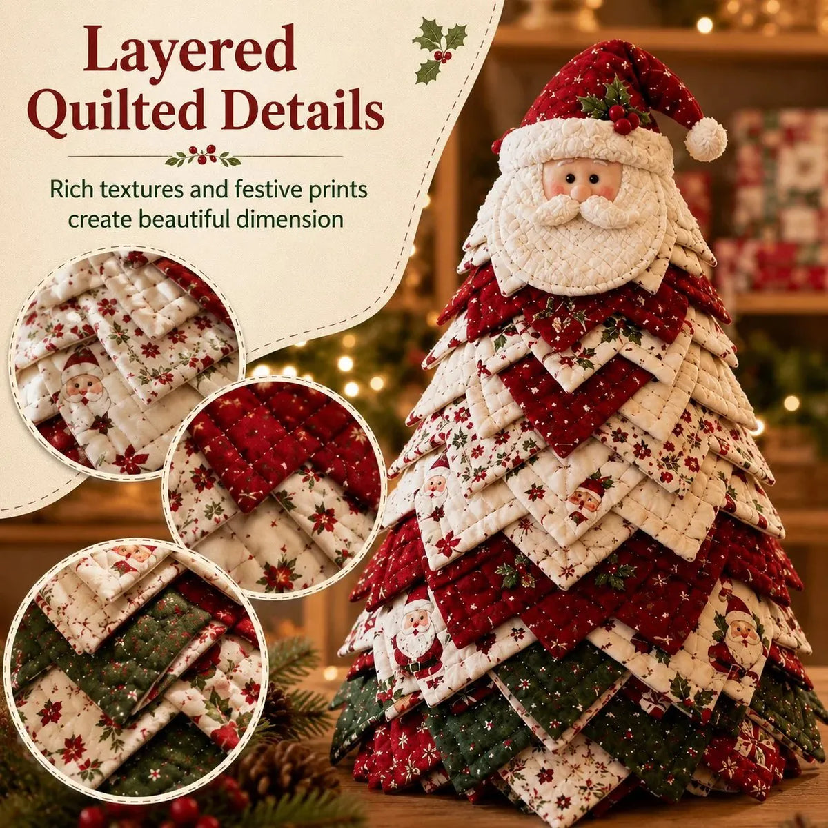 🎄DIY Quilted Santa Christmas Tree Kit – Handmade Fabric Holiday Tabletop Tree Decor