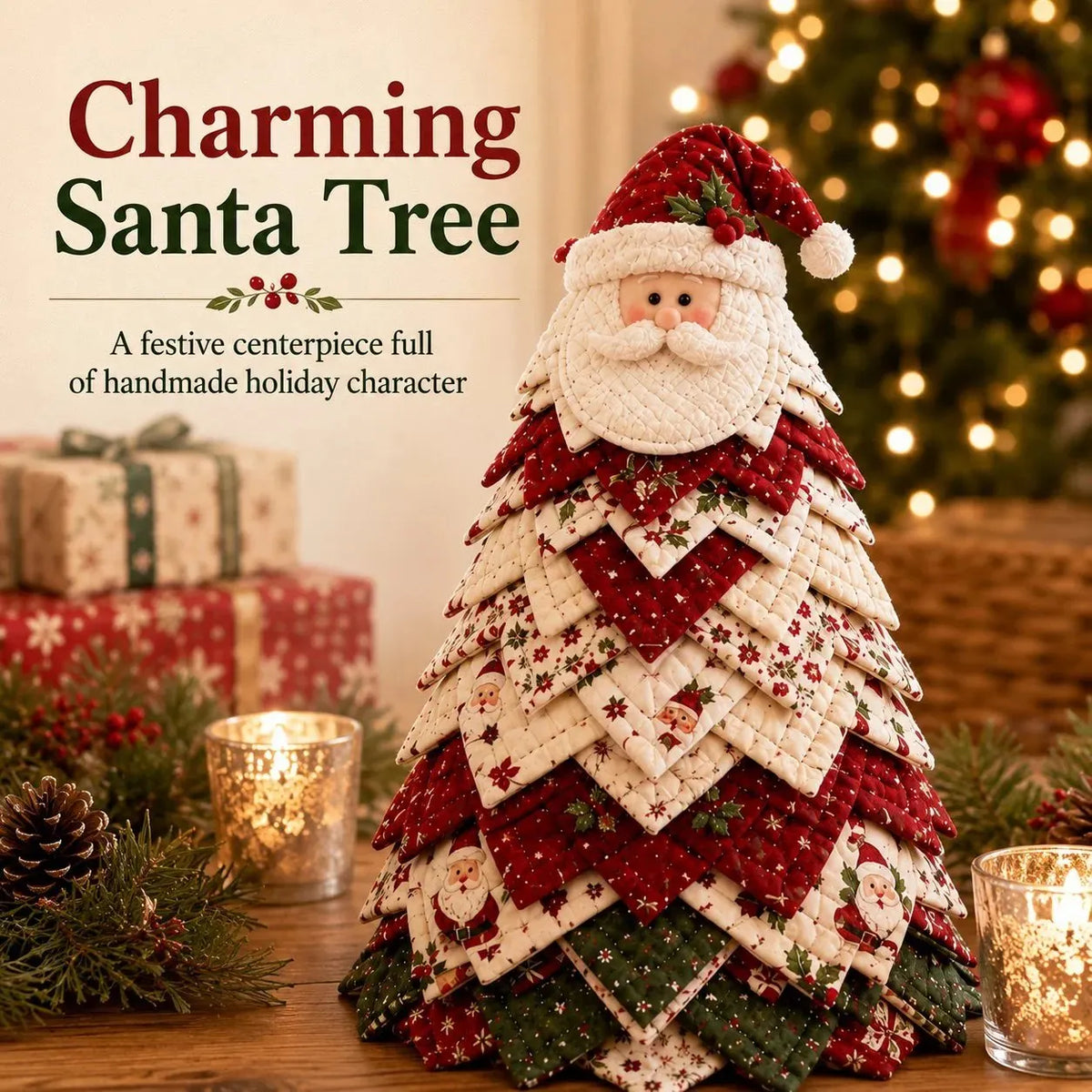 🎄DIY Quilted Santa Christmas Tree Kit – Handmade Fabric Holiday Tabletop Tree Decor