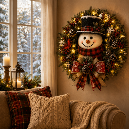 ✨⛄ Snowman Lighted Christmas Wreath™ – Festive Holiday Door Decor
